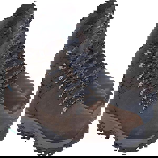 Karrimor Mendip 4 Mens Walking Hiking Lace Up Trek Leather Boots, pair of rugged leather hiking boots in brown and black with durable soles and secure lacing system.