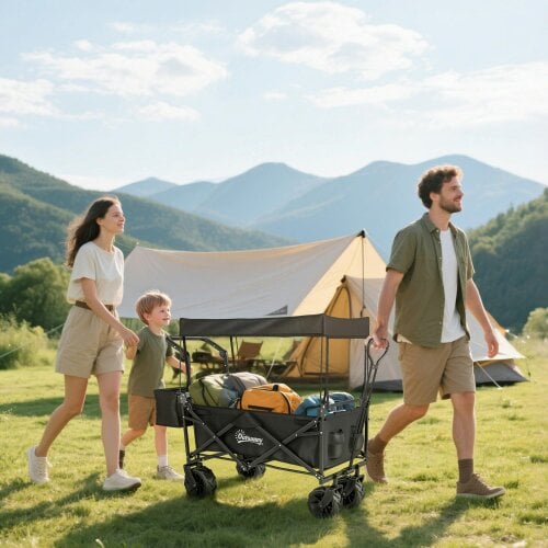 Outsunny Outdoor Push Pull Wagon Stroller Cart w/ Canopy Top Black - Black