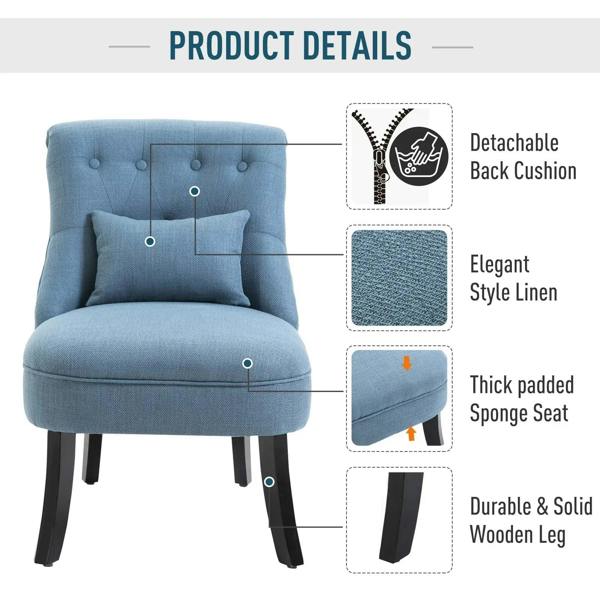 Blue upholstered armchair with detachable back cushion, thick padded seat, wooden legs.