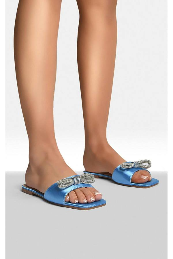 Lexie Embellished Bow Trim Open Toe Sandals - Blue