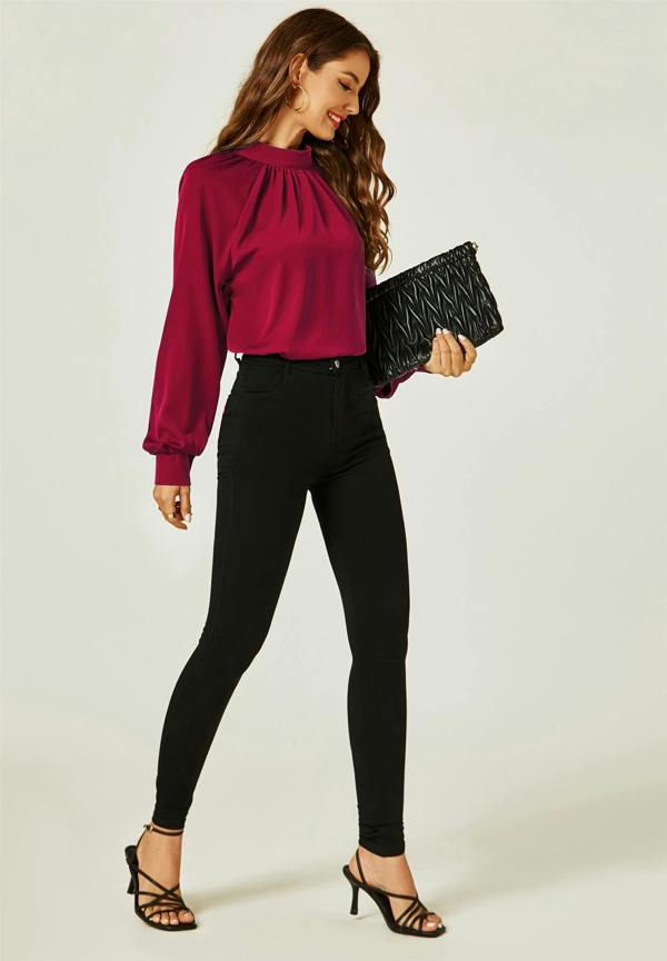 FS Collection Halter Neck Long Sleeve Blouse Top In Wine Red