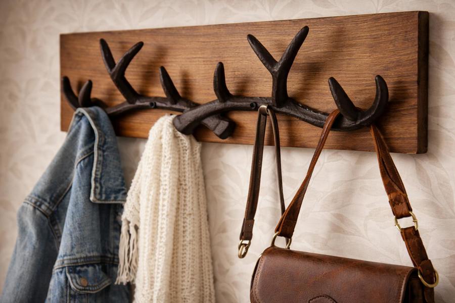 Close-up of textured cast iron antler hooks fixed to stained pine backing