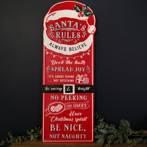 Samuel Alexander 68cm Indoor Outdoor Red Metal Santa's Rules Sign Hanging Christmas Decoration