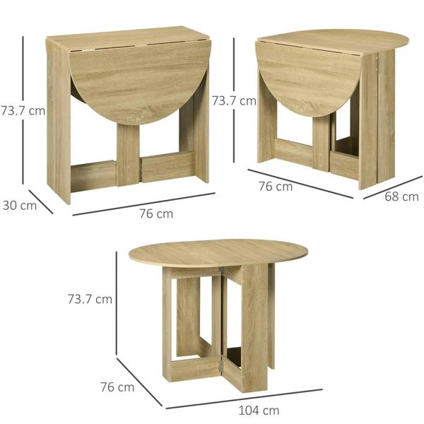 Oak drop-leaf table shown in folded and open views with side and top dimension lines