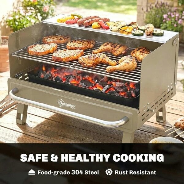 Bobobiy Portable BBQ Grill, Charcoal Barbecue Grill with Adjustable Grates, Foldable Legs, Side Shelf for Camping Travel, Khaki