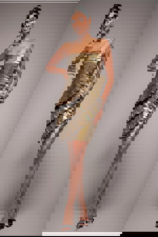 Fan Pleated Boobtube Scuba Crepe Mini - Gold DR4100