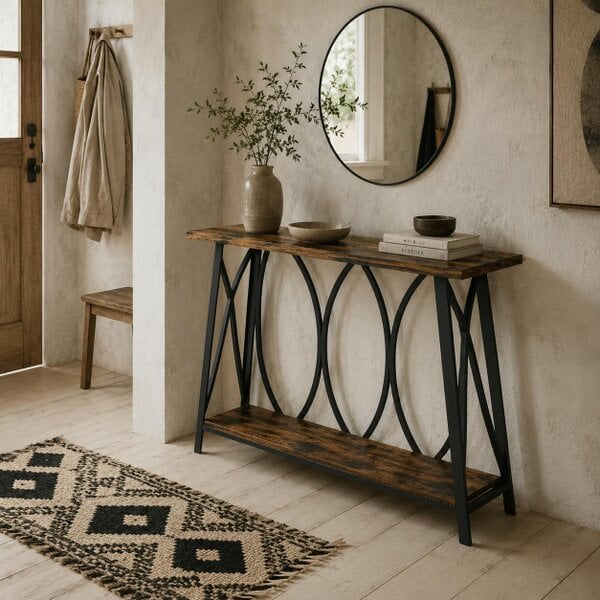 Wyld Haus Raneve Metal And Wooden Rustic Brown 2 Tier Industrial Console Table 120 x 30 x 80cm