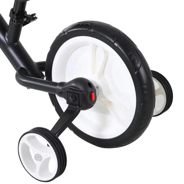 Kids black balance bike rear wheel assembly with stabilizer bracket and red indicator