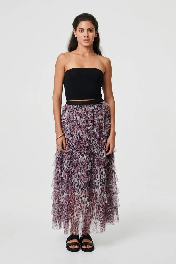 Purple | Animal Print Semi Sheer Mesh Midi Skirt : Model is 5'8"/172 cm and wears UK8/EU36/US4/AUS8
