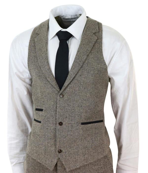 TruClothing Mens Oak Brown 3 Piece Tweed Suit Vintage Harringbone 1920s Retro Peaky Blinders