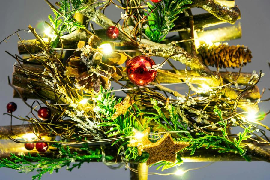 5cm Battery Operated LED Twig Wood Tree with Warm White Lights, Red Baubles and Rustic Festive Details image 4