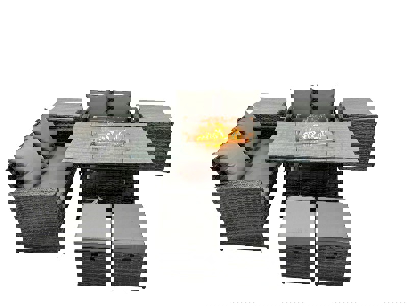 Fimous Outdoor Love Sofa Set 6 Seat Rattan Garden Furniture Set with Gas Firpit Dining Table 2 Side Table Dark Grey Mixed