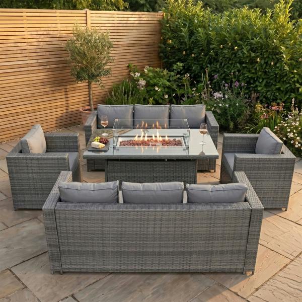Jardi 8 Seater Rattan Furniture Set With Firepit – Grey