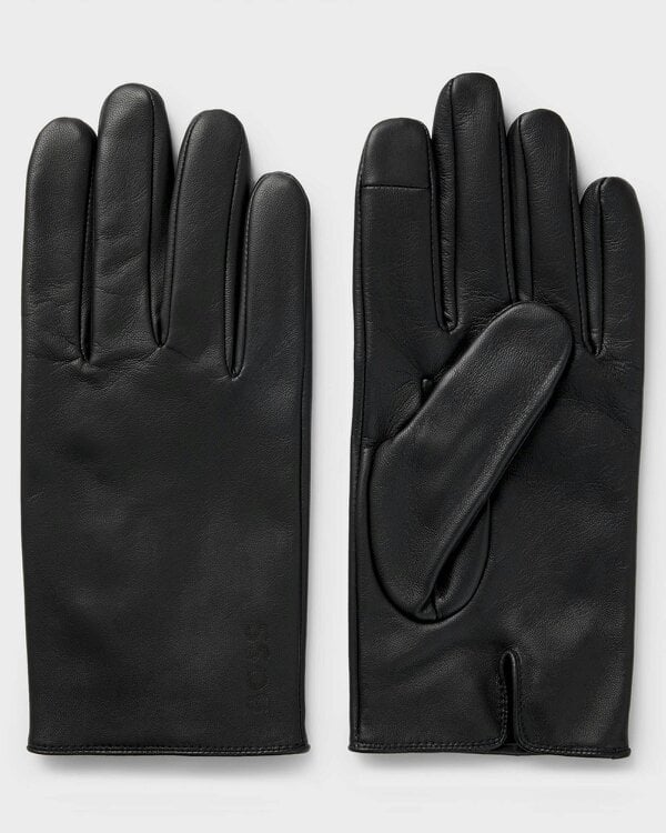 BOSS Orange Mens Grained-leather gloves with full lining and lasered logo - Black 001