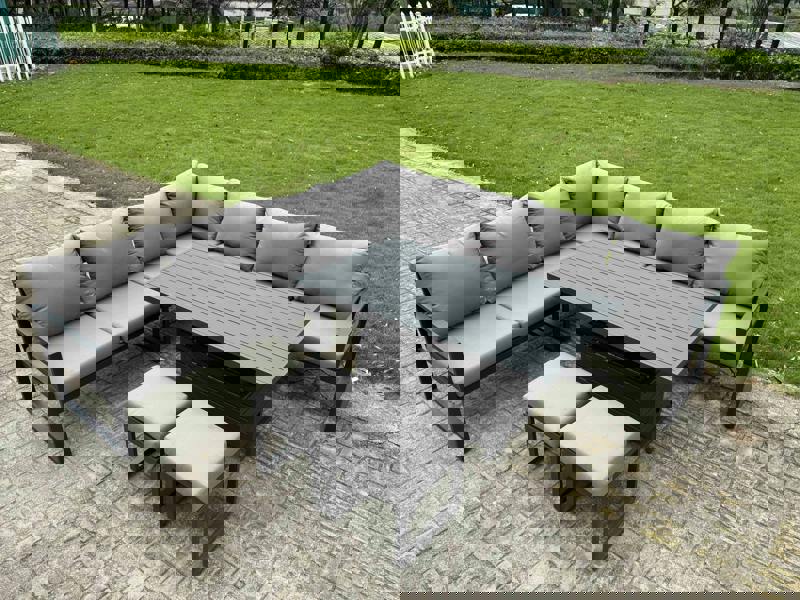 Fimous 9 Seater Aluminium Garden Furniture Set with Adjustable Rising Dining Table 2 Footstools - Dark Grey