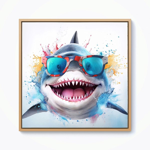 Warren Reed Splash Art Shark In Glasses Framed Canvas