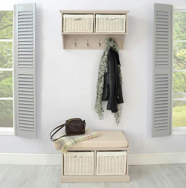 Statement Furniture Tetbury Hanging Shelf with 2 White Wicker Baskets. Wallmounted Coat Rack Assembled
