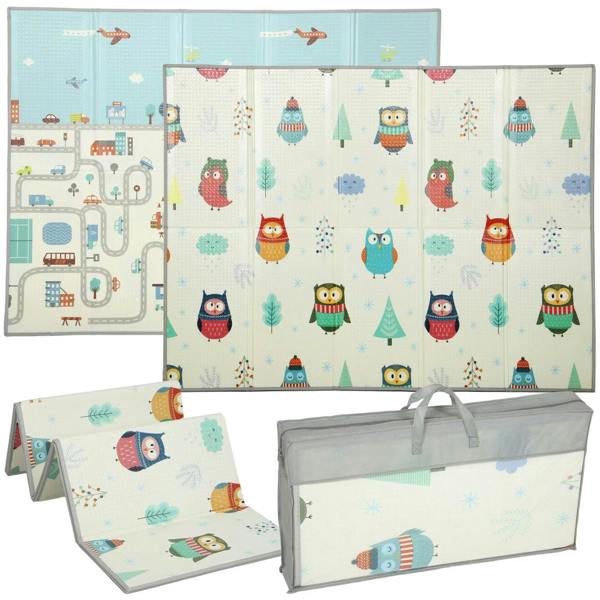 Foldable double-sided baby play mat with owl and woodland animal print, in storage bag