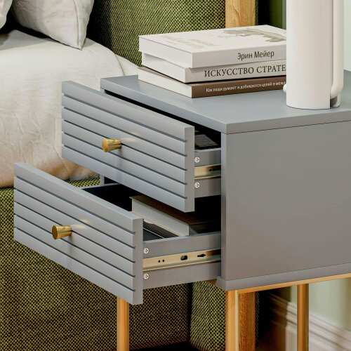 Wyld Haus Lika Set Of 2 Grey And Gold Elegant Bedside Tables Ribbed Drawers