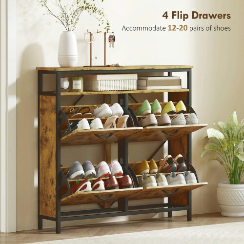 Wyld Haus Vebael Wooden Rustic Brown Shoe Cabinet With 4 Flip Drawers And Shelf