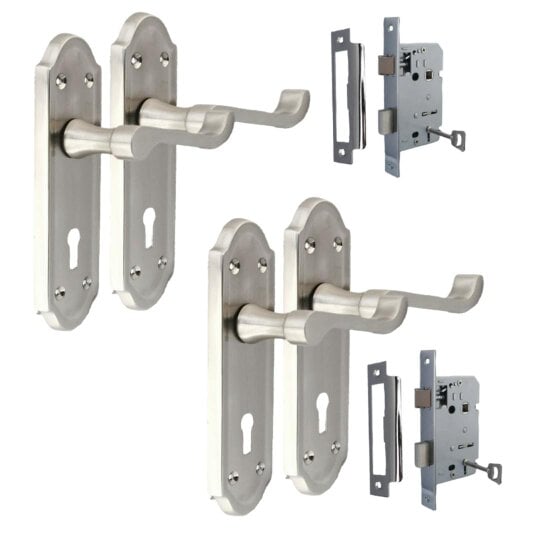 EDH Door Hardware Premium Satin Nickel Internal Lock Door Handle Set+3 Lever Mortice Sash Lock, 2 Pairs