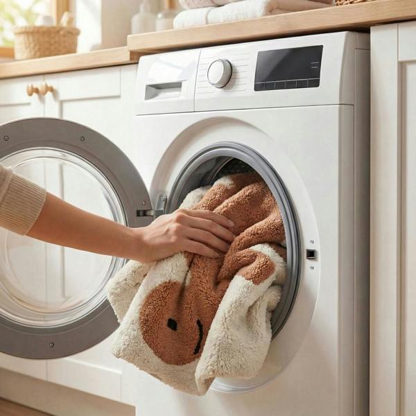 Person loading a plush toy into a washing machine in a kitchen.
