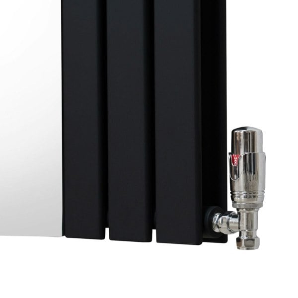 Flat mirror radiator in sleek black finish, 1800mm x 565mm, featuring polished chrome valves and a modern, minimalist design