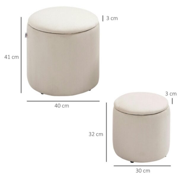 Dyzi Set of 2 Corduroy Storage Ottomans Removable Lids Cream White