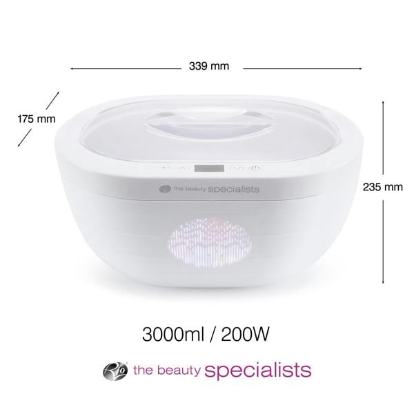 A white 3000ml, 200W Rio Paraffin Wax Heater with transparent lid is shown for skin hydration and comfort. Dimensions: 339mm W x 175mm D x 235mm H. The beauty specialists logo is at the bottom.