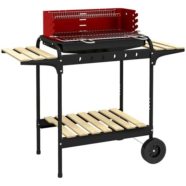 Red charcoal BBQ grill with five-position cooking grate and side storage shelves