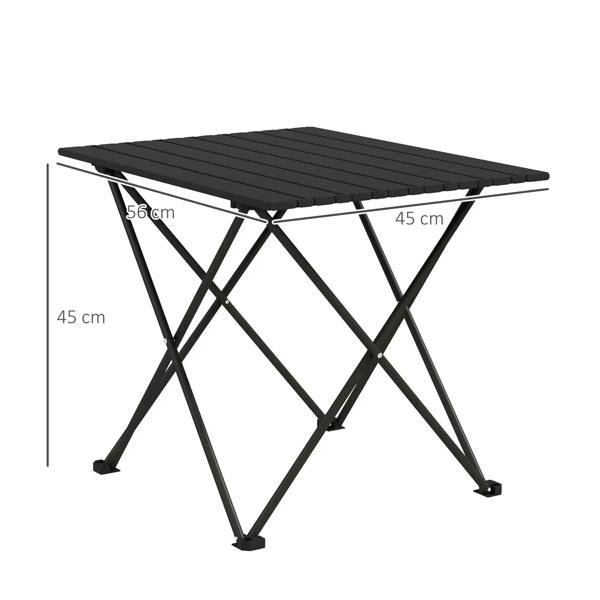 Foldable camping table with black slatted tabletop and metal X-legs; dimensions shown