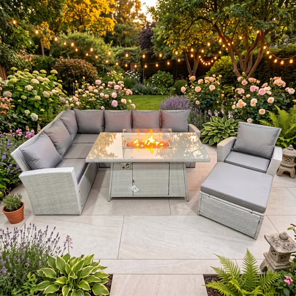 Fimous 8 Seater Rattan Garden Furniture Set with Gas Fire Pit Dining Table, Corner Sofa and Footstool - Light Grey