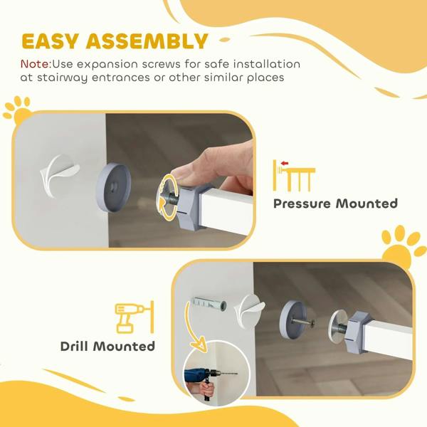 White pressure-mounted dog stair gate showing hardware mounting steps