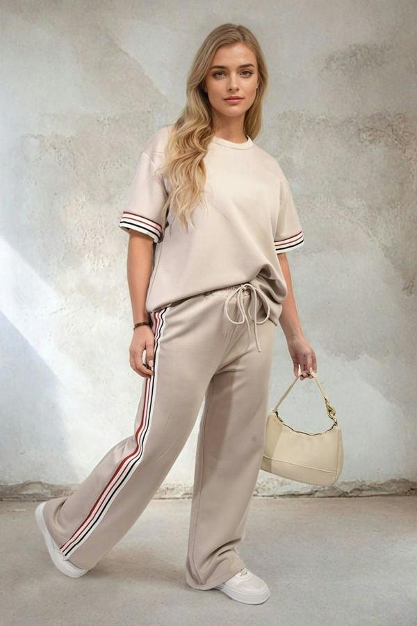 Jennifer Contrast Stripe Top And Wide Leg Trouser Co-ord Set - Beige
