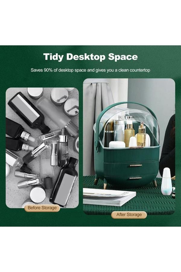 Dyzi Green & Clear Dustproof Makeup Organizer with 2 Drawers & Handle