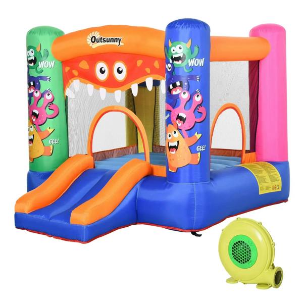 Inflatable bounce castle with monster graphics, orange-and-blue slide, and basket arch
