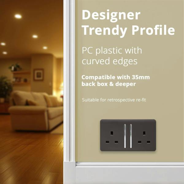 Trendi Switch 2 Gang Long Switched Plug Socket in Dark Mocha Brown