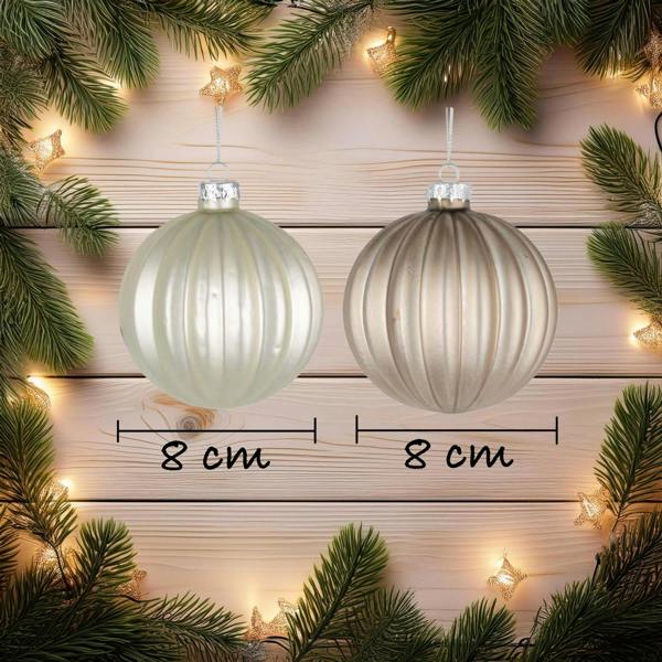 8cm Glass Christmas Baubles 12 Pack in Pearl Champagne, White and Silver with 4 Designs image 2