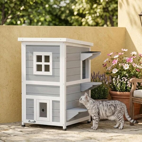 Wooden Cat House 2-Floor Outdoor Kitten Shelter with 3 Doors and Window Grey