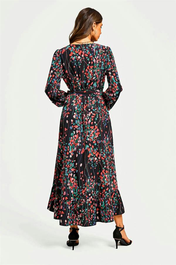 FS Collection Abstract Floral Print Long Sleeve V Neck Wrap Top Midi Dress In Black