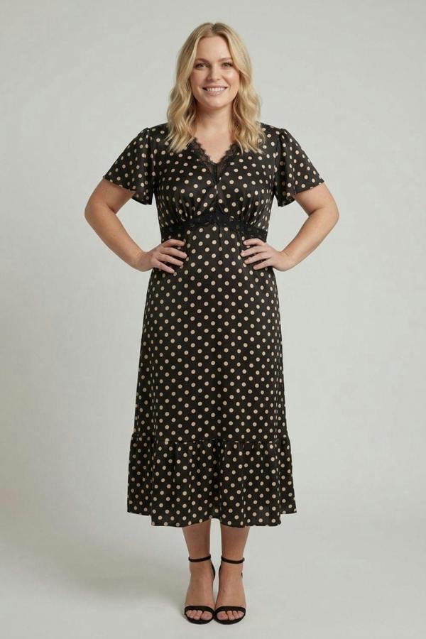 Black | Curve Polka Dot Lace Empire Midi Dress
