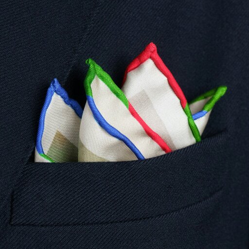 Otway & Orford '75 Not Out' cricket silk pocket square in green & white (42 x 42cm)