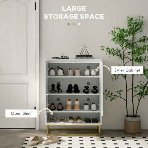 Wyld Haus Cosu White Wooden Chevron Shoe Cupboard With Bottom Shelf and Gold Accents For 12 Pairs