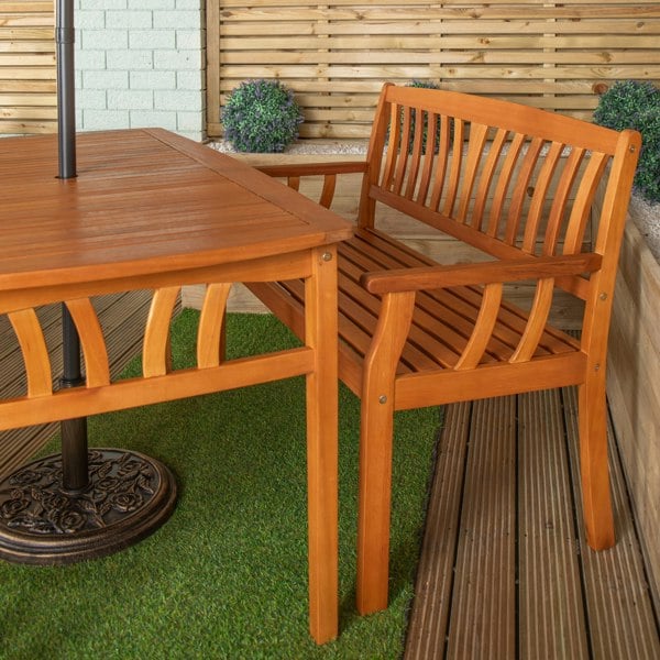 Samuel Alexander Outdoor 4 Person Rectangular Wooden Dining Table 2 Benches with Grey Havana Parasol & Base