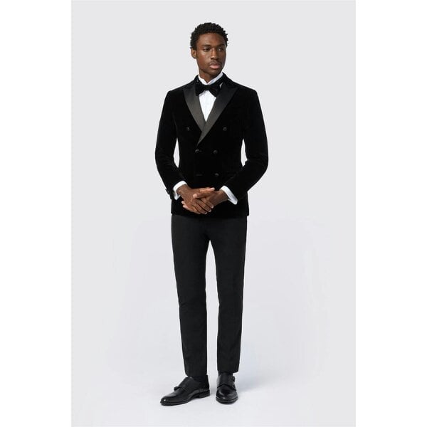 Antique Rogue Slim Fit Black Velvet Double Breasted Blazer