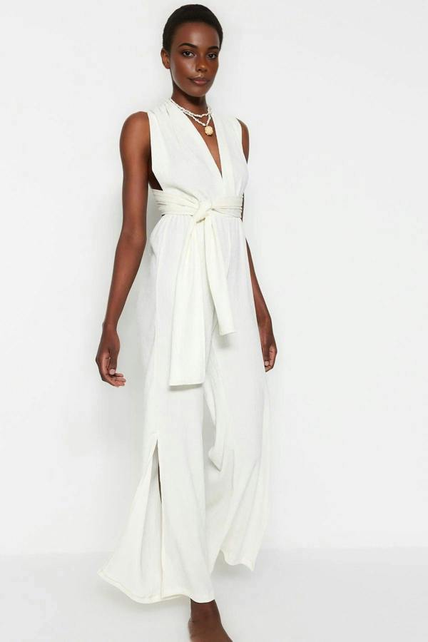 WOVCOR Woven Slit Maxi Beach Jumpsuit