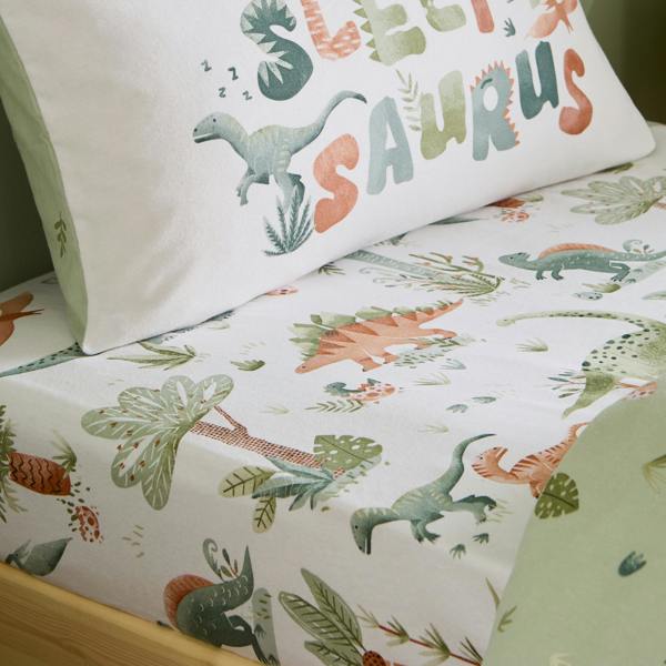 Catherine Lansfield Brushed Sleepy Saurus Dino Cotton Fitted Sheet Cream