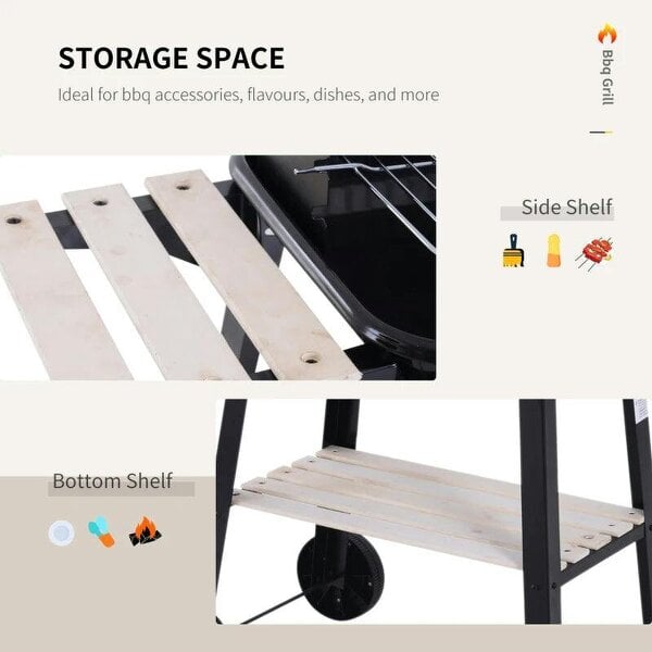 Bobobiy Trolley Charcoal BBQ Barbecue Grill Outdoor Patio Garden Heating Smoker with Side Trays Storage Shelf and Wheels
