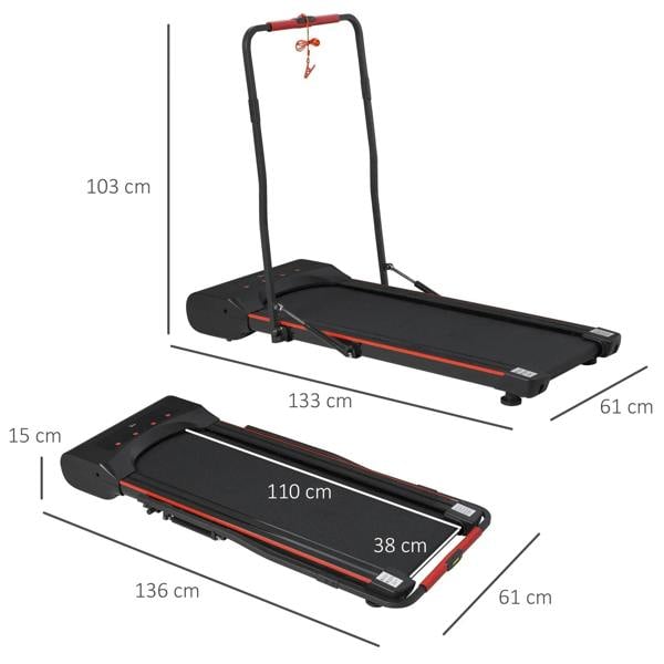 Black and red foldable walking treadmill with dimension diagram showing track size