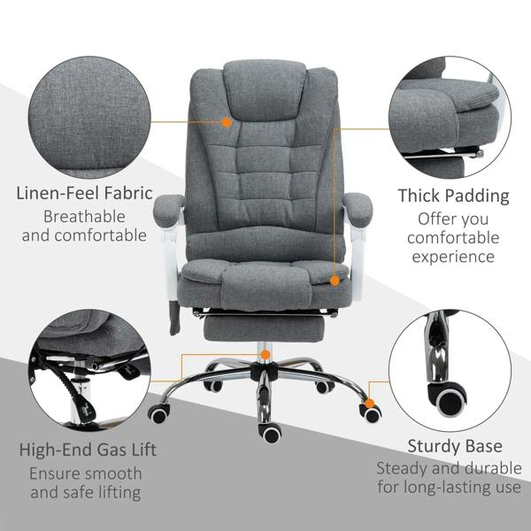 Grey high-back massage office chair with thick padding, armrests, and sturdy chrome swivel base
